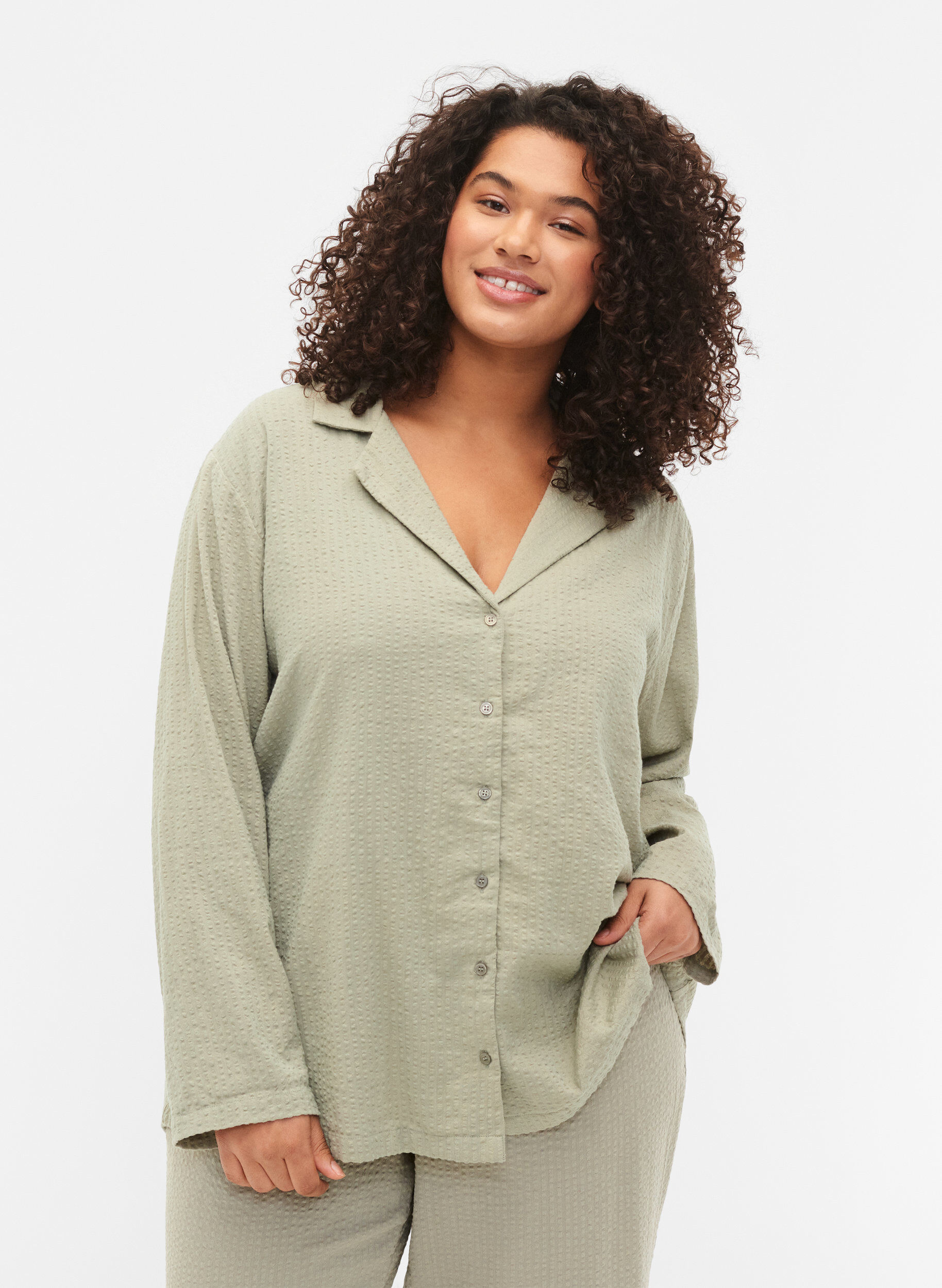 Zizzi Chemise en coton avec structure, Seagrass , Model image number 0