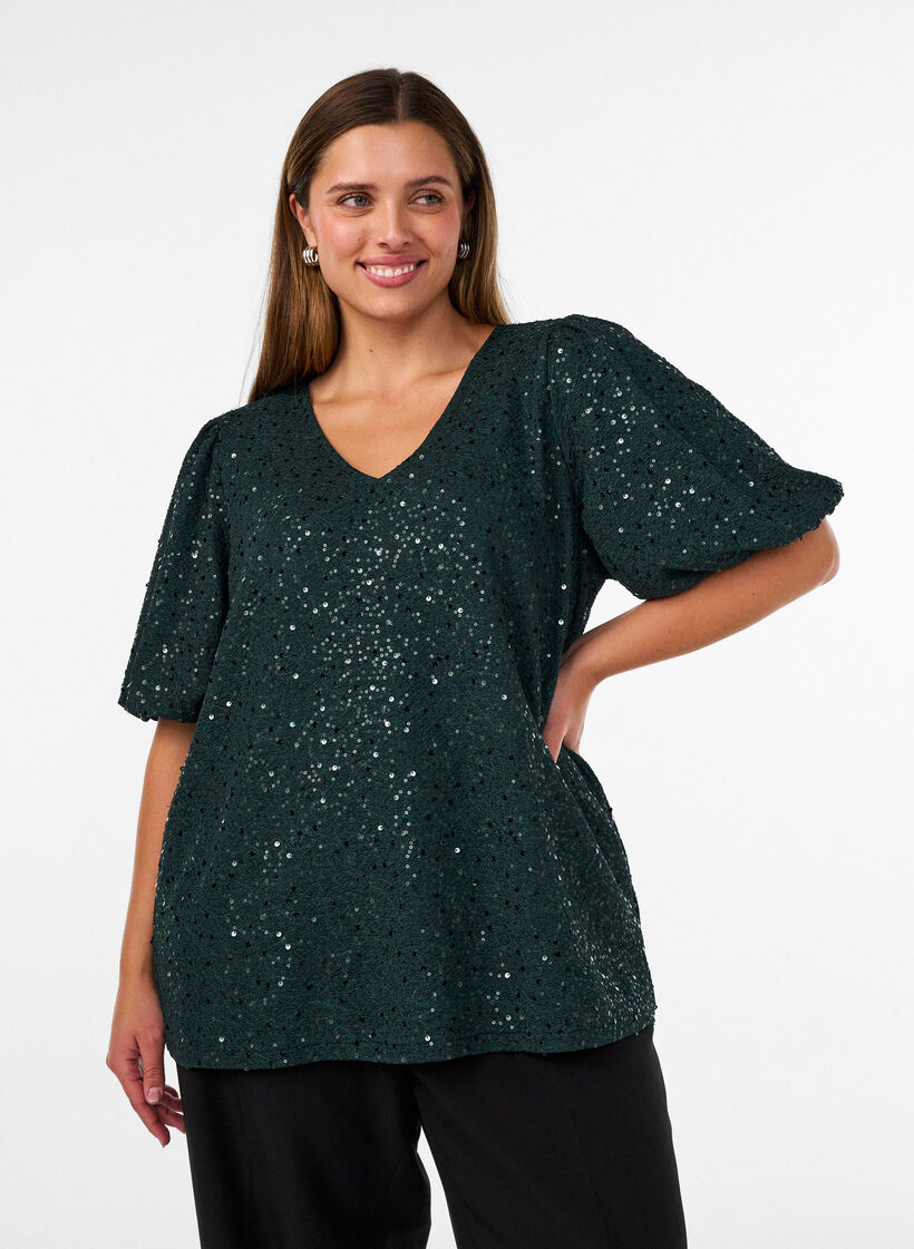 Blouse &agrave; sequins avec manches ballon, Vert fonc&eacute;, Model image number 0