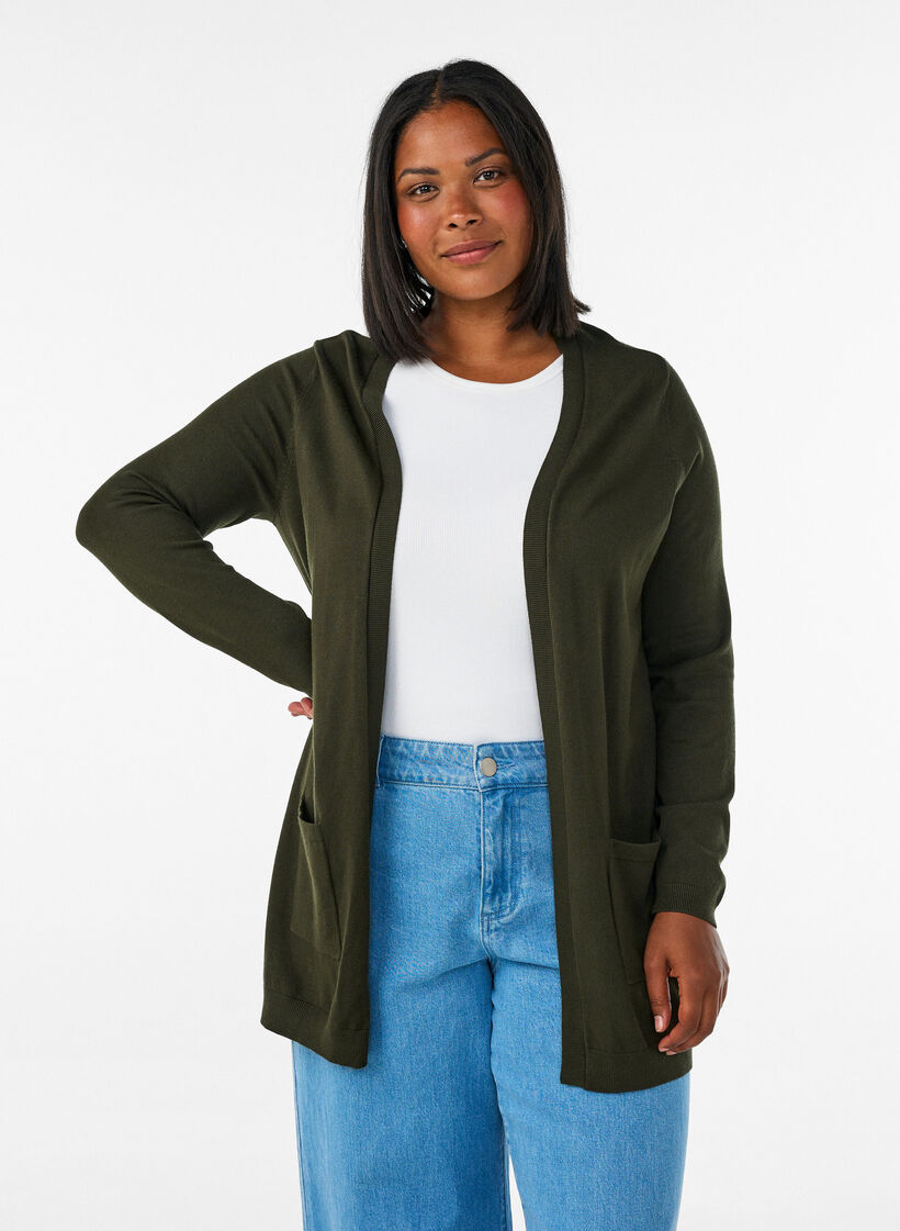 Long cardigan tricot&eacute; dans un m&eacute;lange de viscose, Vert fonc&eacute;, Model image number 0