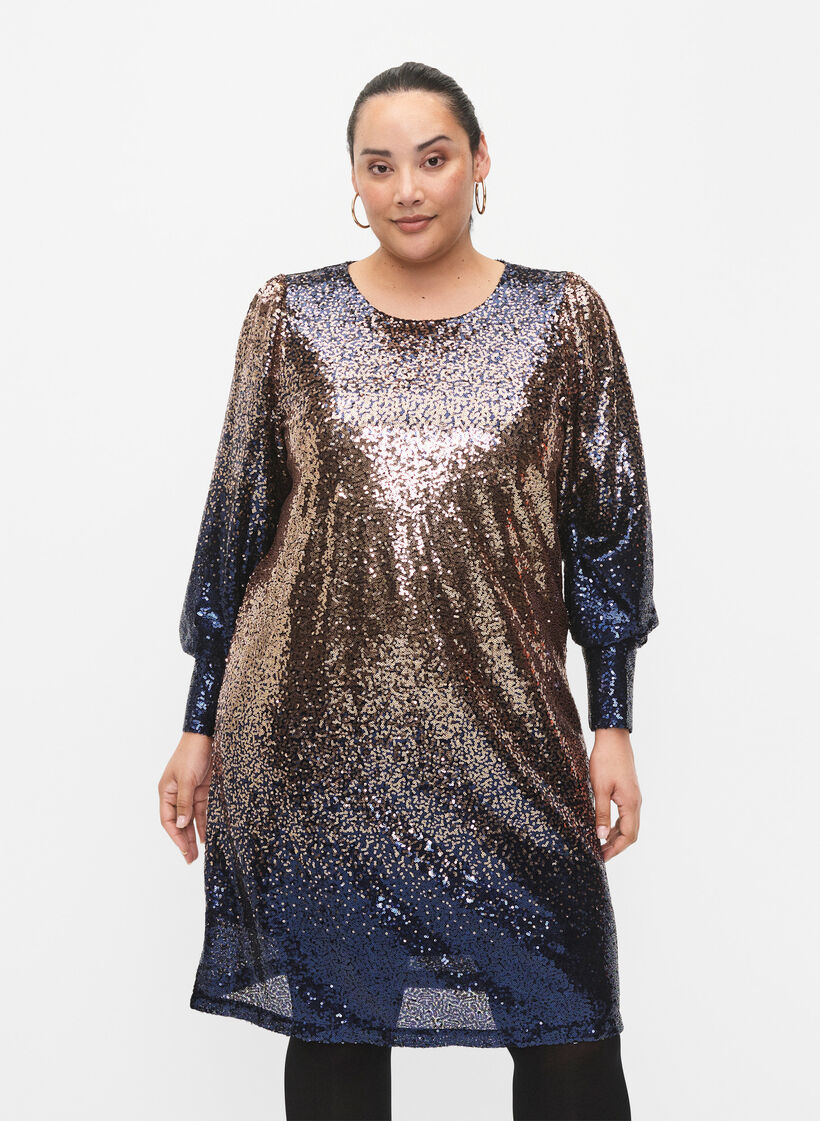 Robe à paillettes avec manches bouffantes, Evening Blue Cobber, Model image number 0