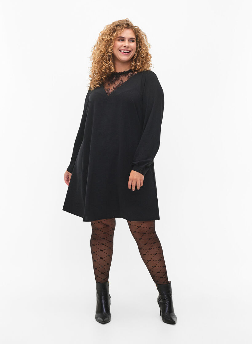 Robe avec détails en dentelle, Black, Model image number 2