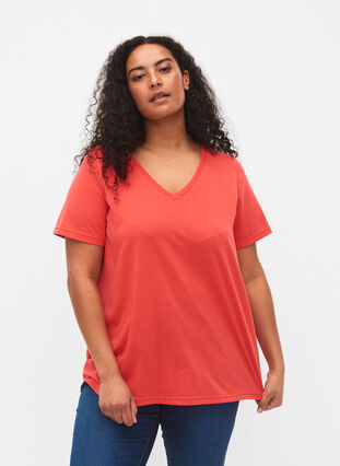 T-shirt à manches courtes avec col en V, Cayenne, Model image number 0