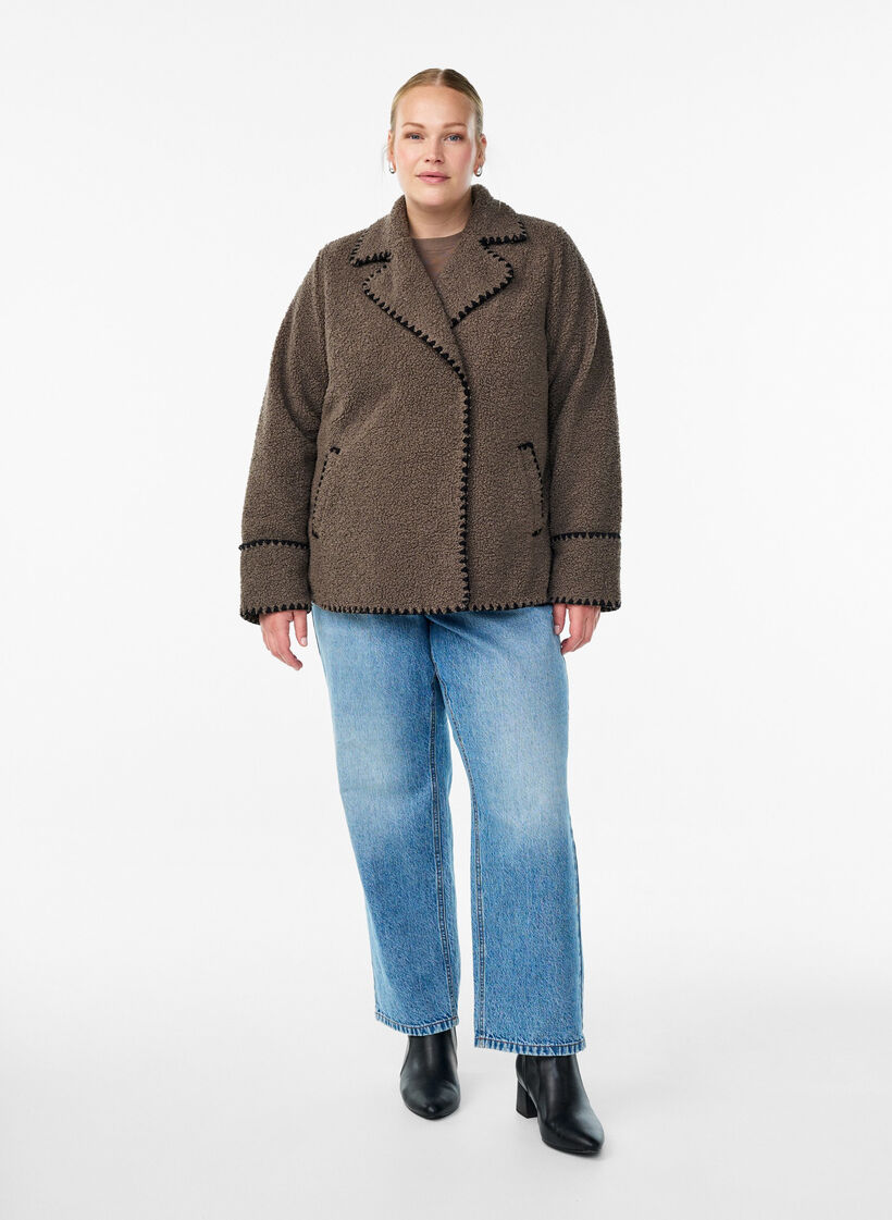 Veste teddy avec d&eacute;tails contrastants, Marron, Model image number 1