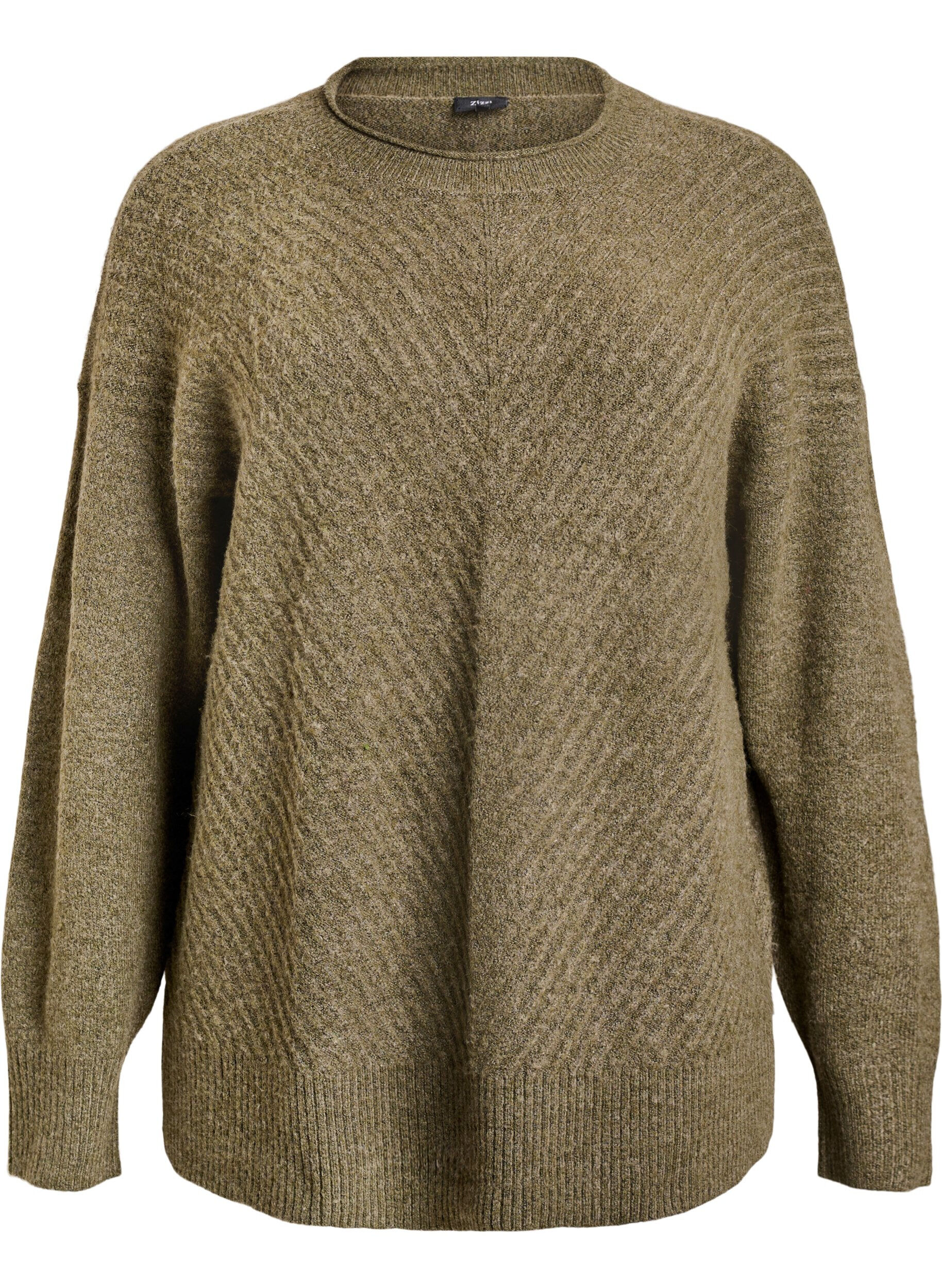 ZizziBlouse en maille avec motif c&ocirc;tel&eacute; en V et fentes, Vert Kaki, Packshot image number 0