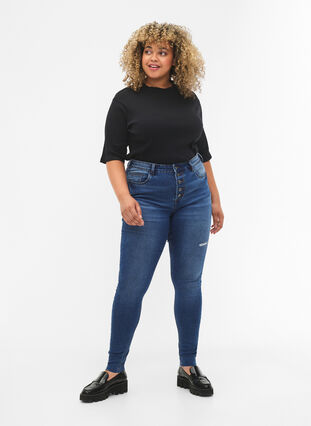 Jeans Amy taille haute avec boutons, Blue denim, Model image number 0