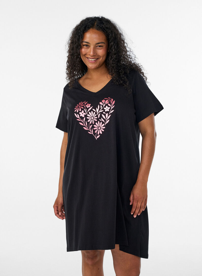 Chemise de nuit en coton biologique et &agrave; col en V, Noir, Model image number 0