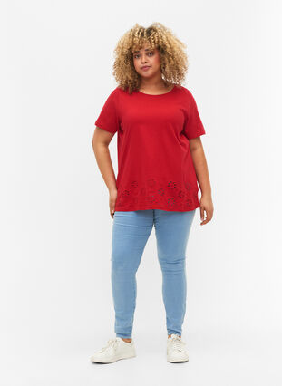 T-shirt en coton avec broderie anglaise, Tango Red, Model image number 2