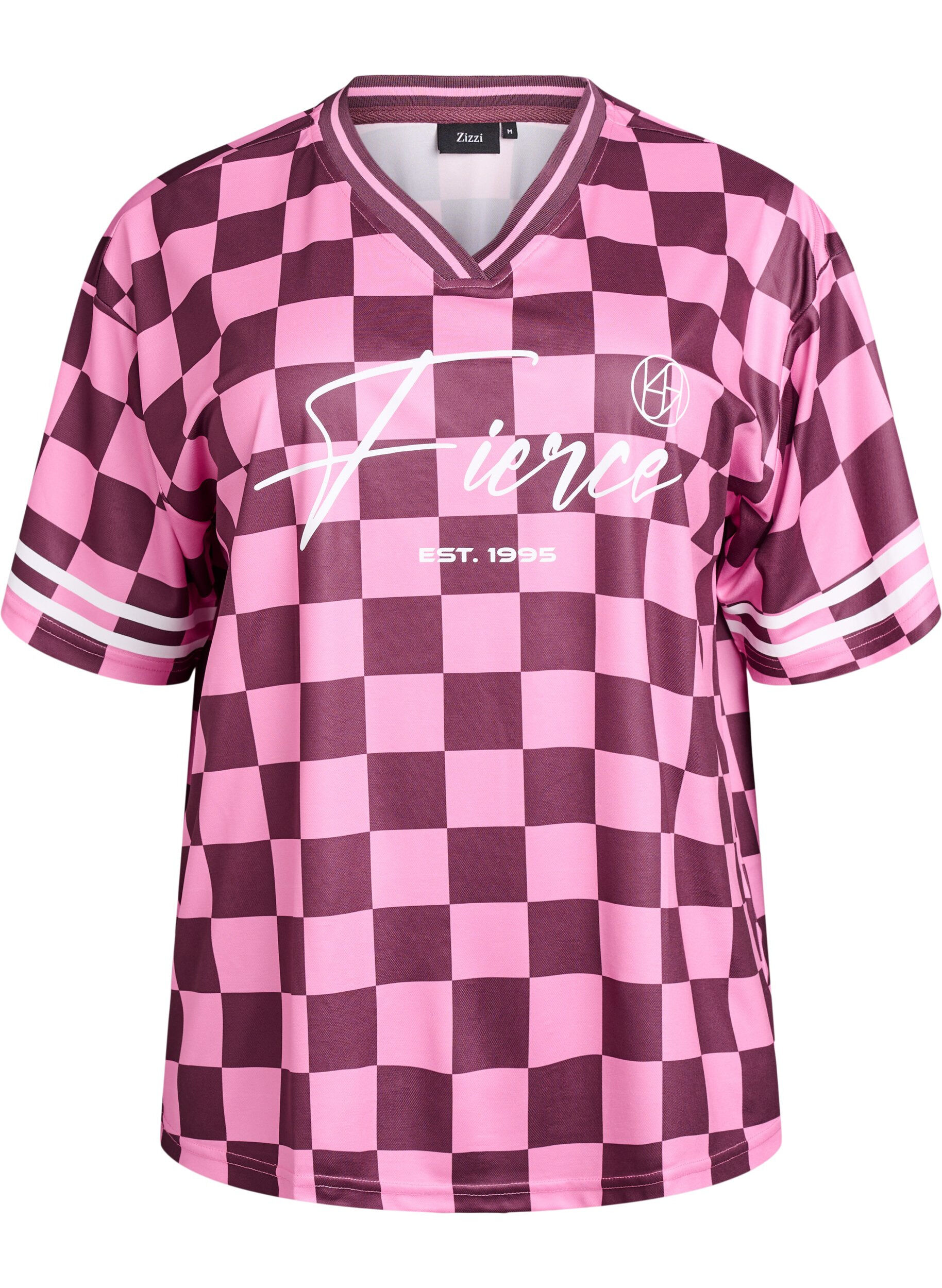 T-shirt sport imprim&eacute; carreaux et texte