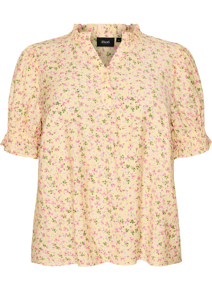 Blouse fleurie en viscose &agrave; manches courtes et col &agrave; volants, Jaune, Packshot image number 0