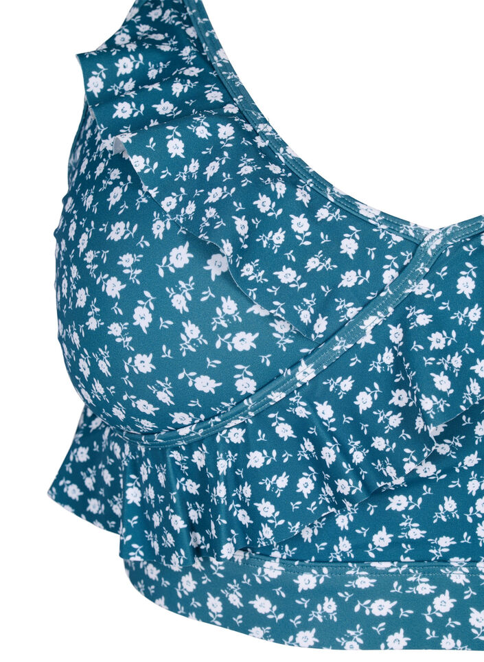 Soutien-gorge de bikini &agrave; fleurs avec d&eacute;tails &agrave; volants, Bleu p&eacute;trole, Packshot image number 2
