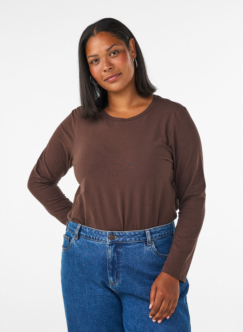 Blouse basique en jersey &agrave; manches longues, Marron, Model image number 0