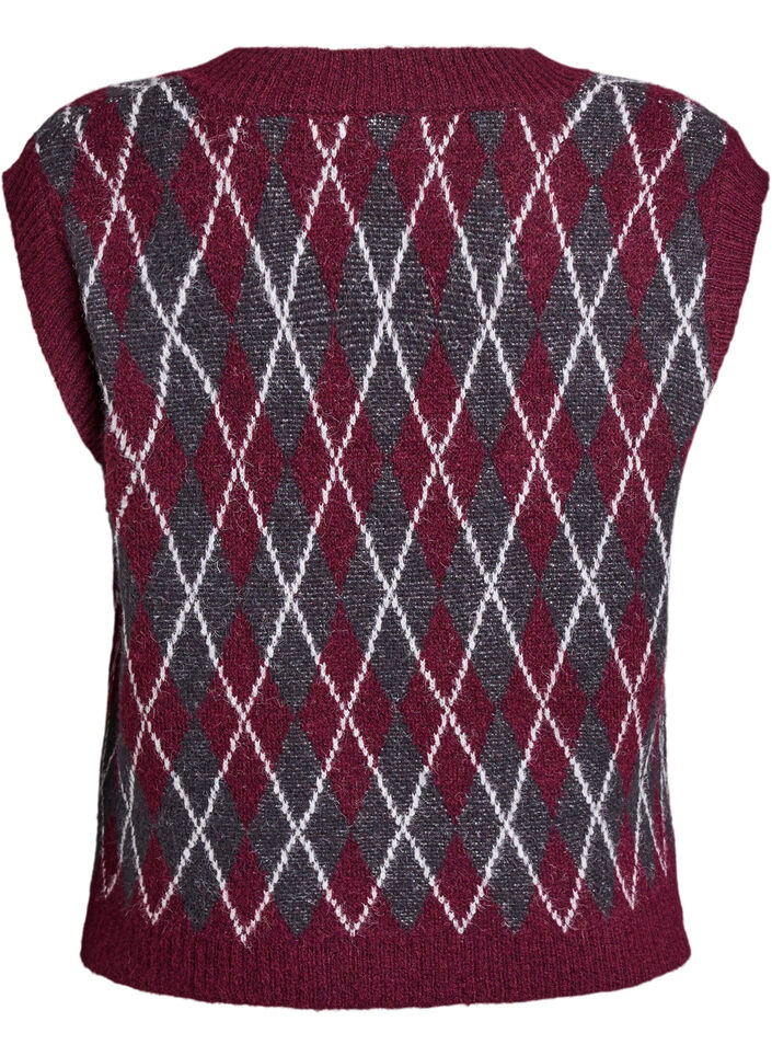 Gilet en maille avec un col en V et un motif argyle, Bordeaux, Packshot
