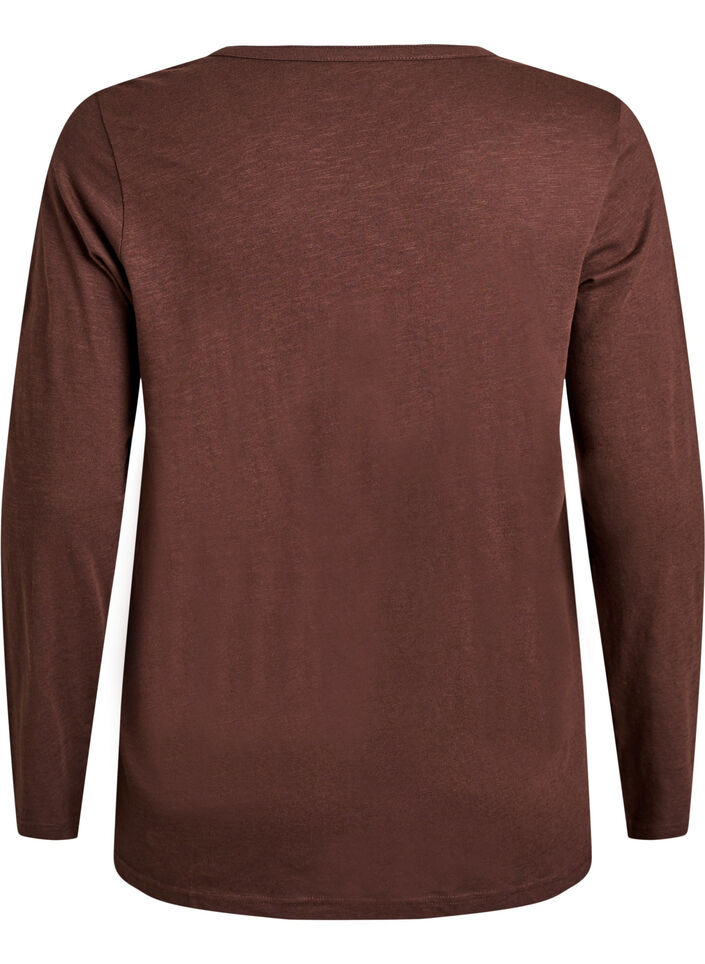 T-shirt &agrave; manches longues avec col V et boutons, Marron, Packshot image number 1