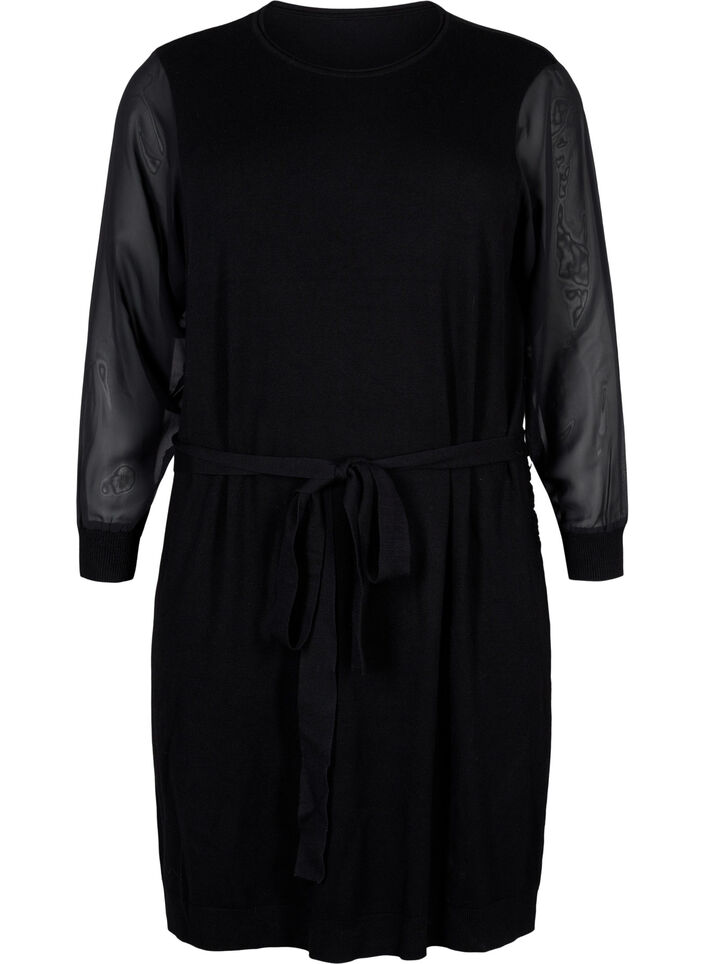 Robe en maille avec manches transparentes, Black, Packshot image number 0