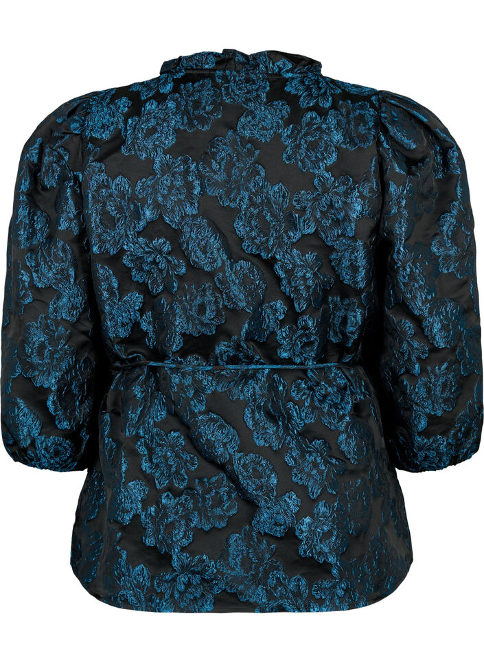 Blouse cache-cœur en jacquard à manches 3/4, Black Blue, Packshot image number 1