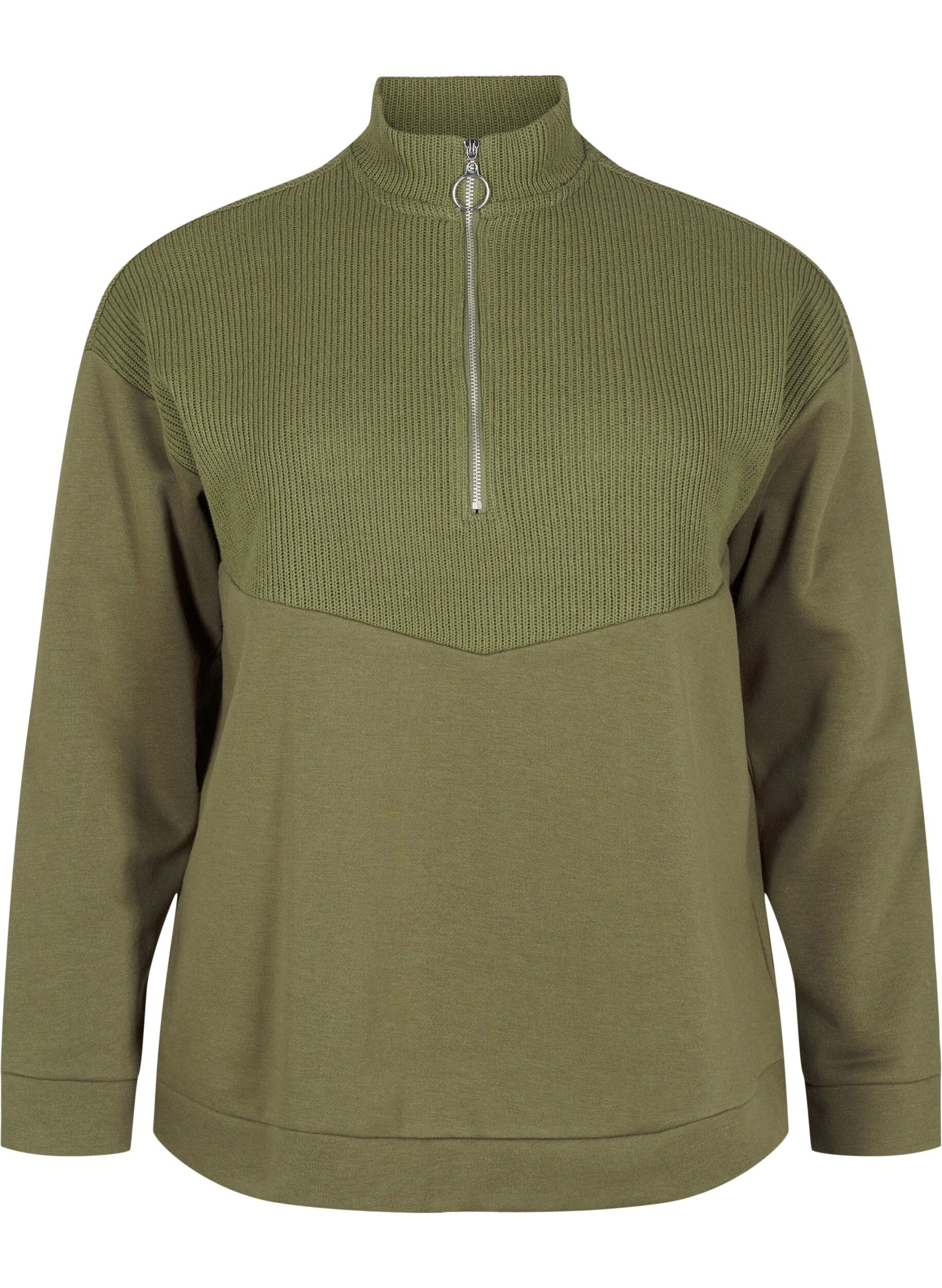 Zizzi Sweat-shirt en tricot avec fermeture &eacute;clair, Winter Moss, Packshot image number 0