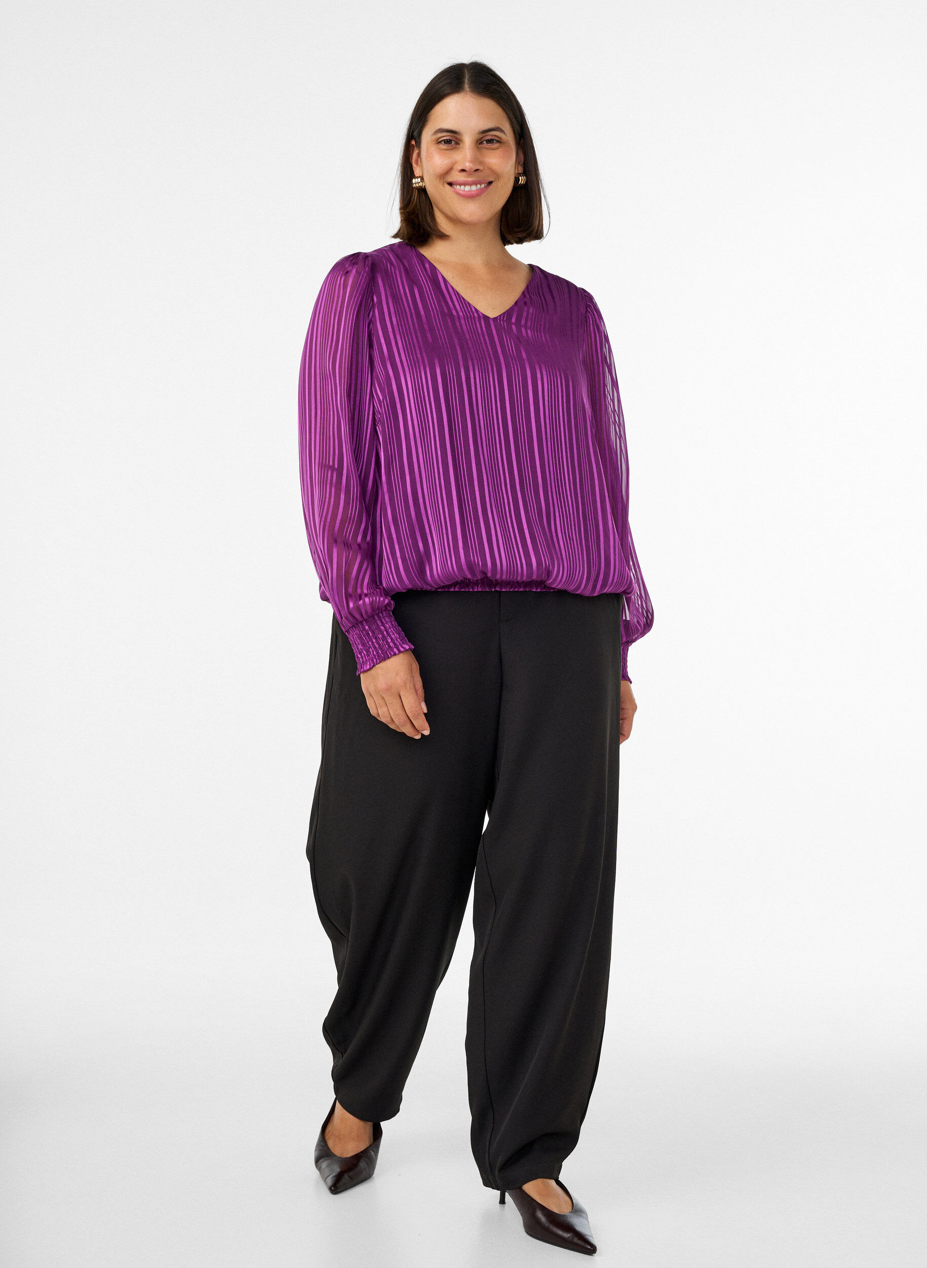 ZizziBlouse &agrave; rayures avec coupe ballon, Violet, Model image number 1
