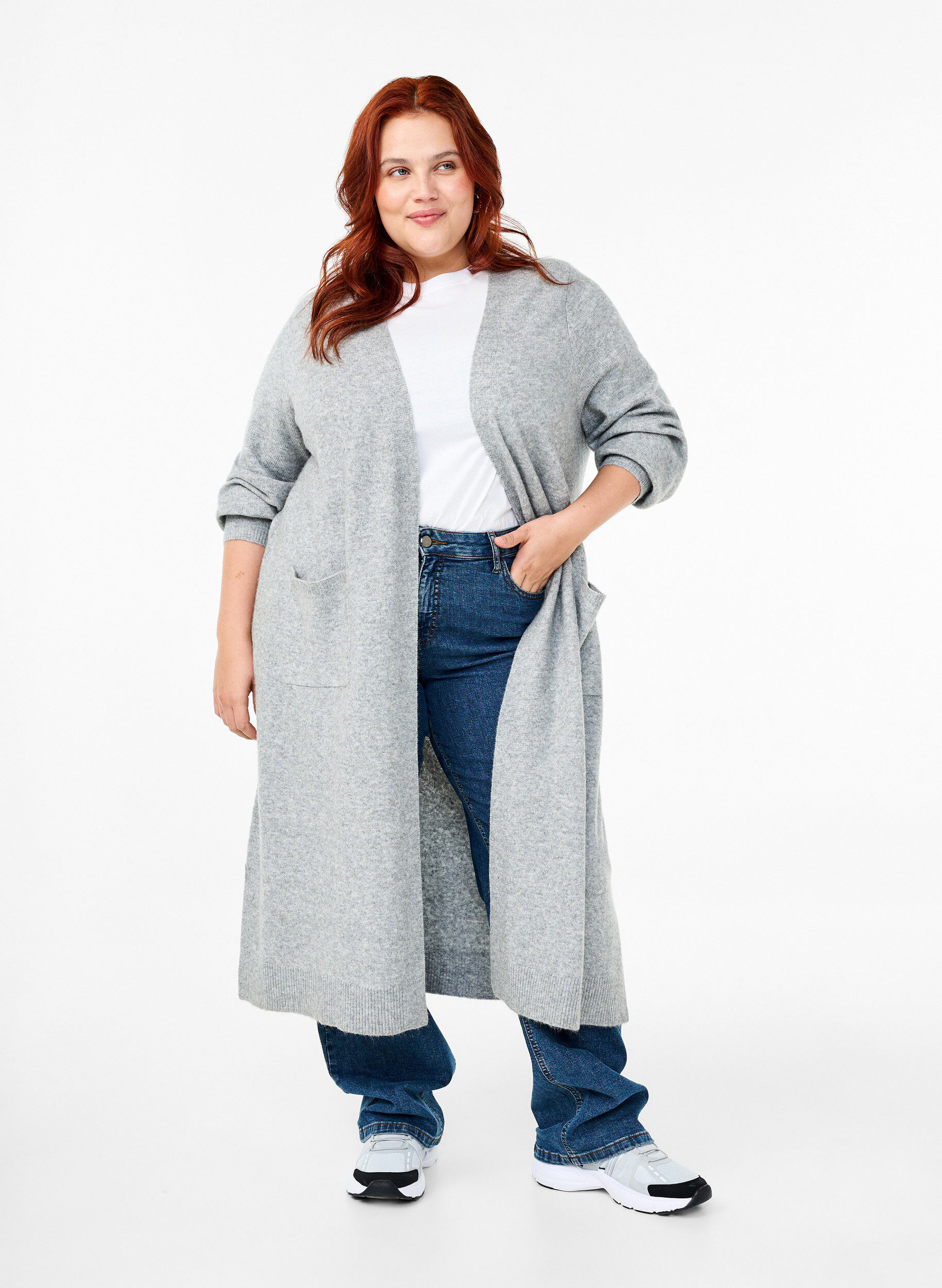 Zizzi Long cardigan tricot&eacute; avec poches, Light Grey Melange, Model image number 0