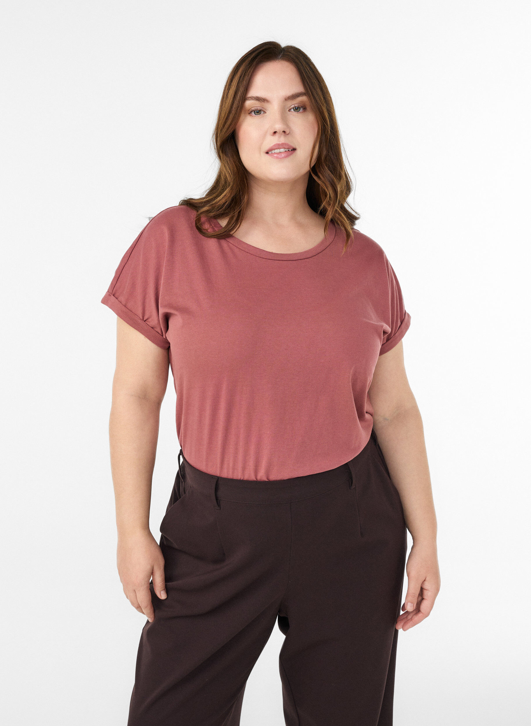 T-shirt &agrave; manches courtes en m&eacute;lange de coton, Rose, Model