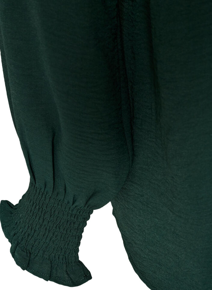 Blouse avec poignets smock&eacute;s et col en V, Vert fonc&eacute;, Packshot image number 3