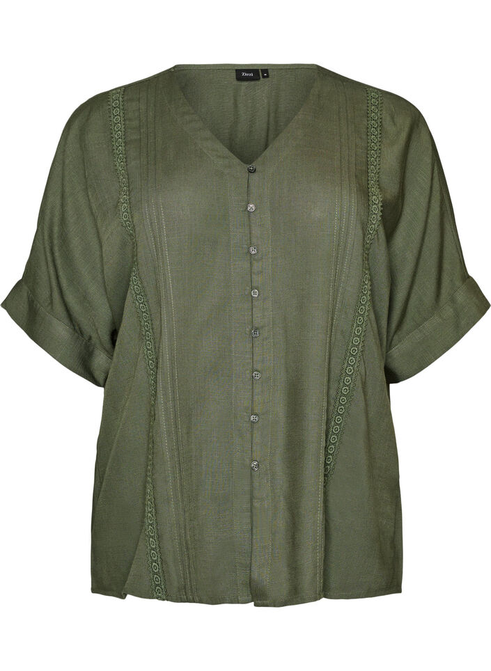 Blouse en viscose avec bordure crochet et boutons, Vert, Packshot image number 0