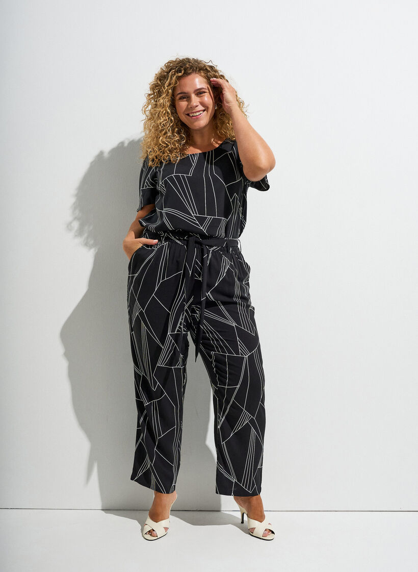 Blouse en viscose &agrave; manches courtes avec imprim&eacute;, Noir, Image image number 0