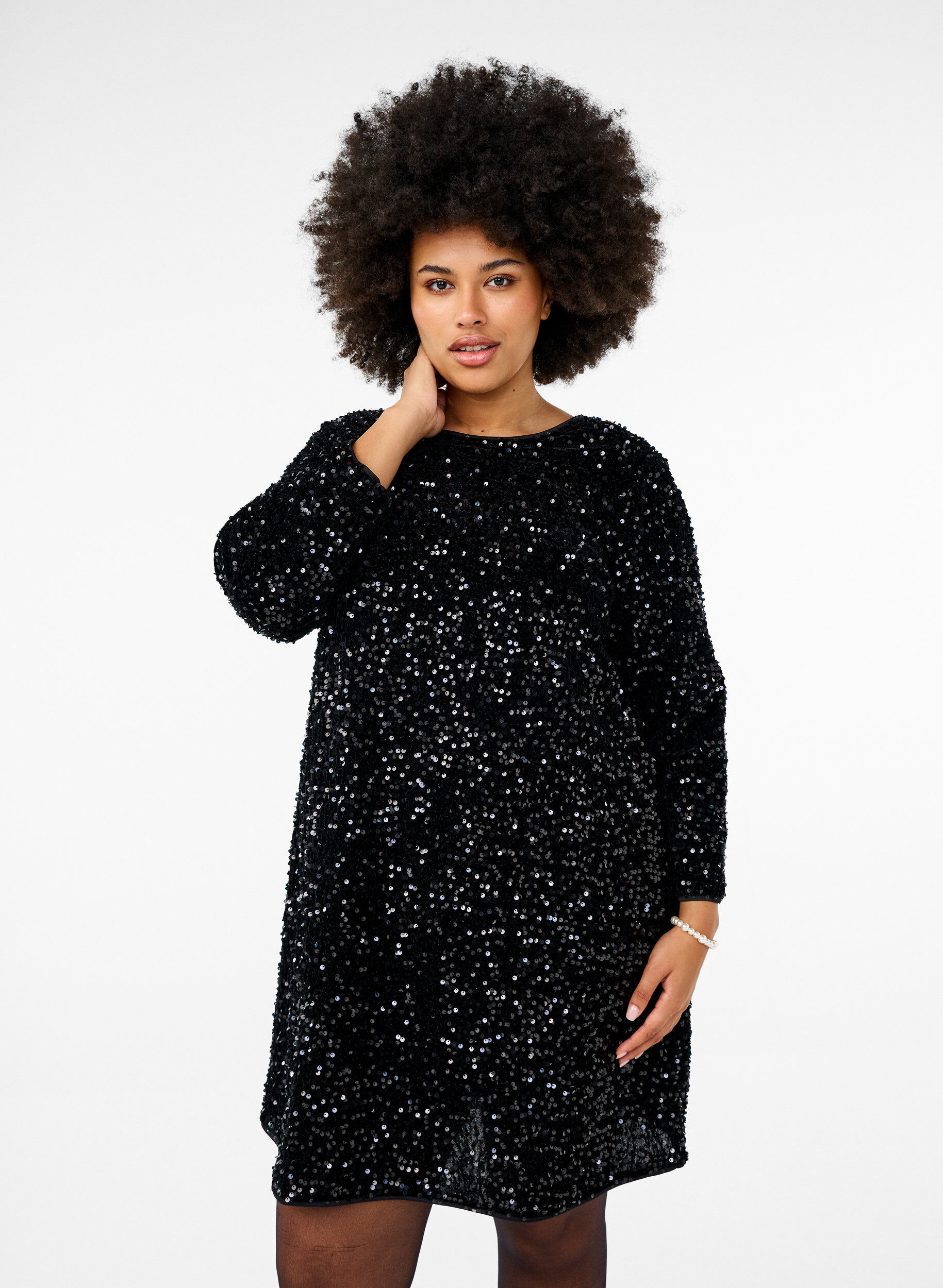 Zizzi Robe paillet&eacute;e avec n&oelig;ud, Black, Model image number 0