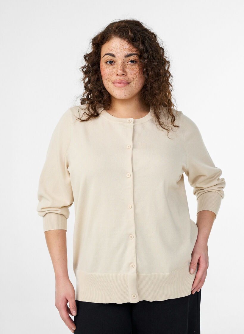 FLASH - Cardigan en maille fine avec col rond, Beige, Model image number 0