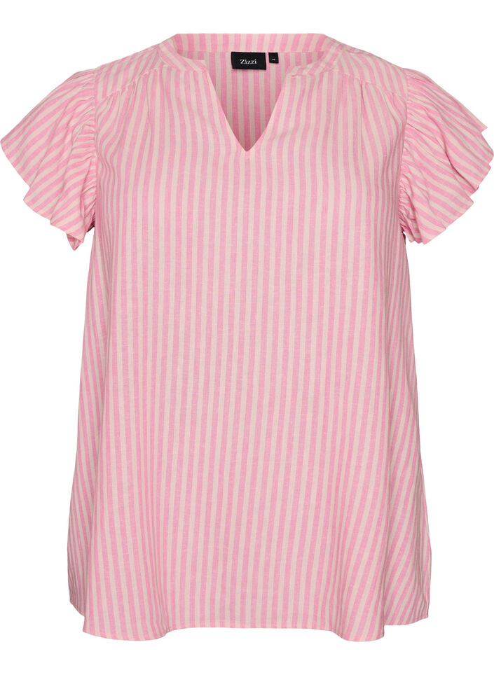Blouse en viscose et lin avec manches &agrave; volants, Rose, Packshot image number 0