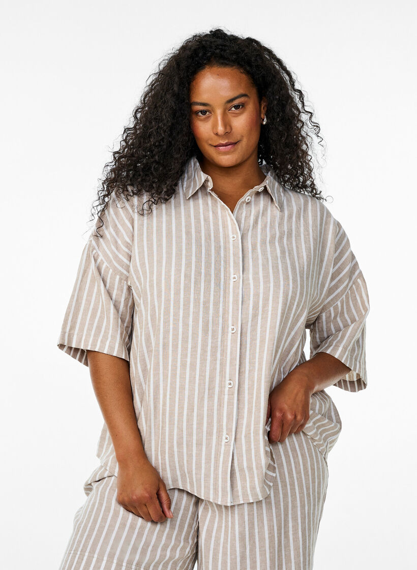 Chemise à rayures en lin et viscose, Beige, Model image number 0