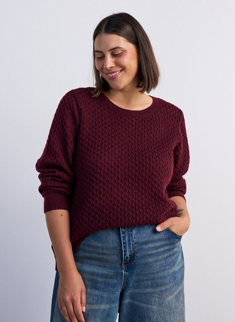 Blouse en maille avec motif ajour&eacute; textur&eacute;, Bordeaux, Model image number 0