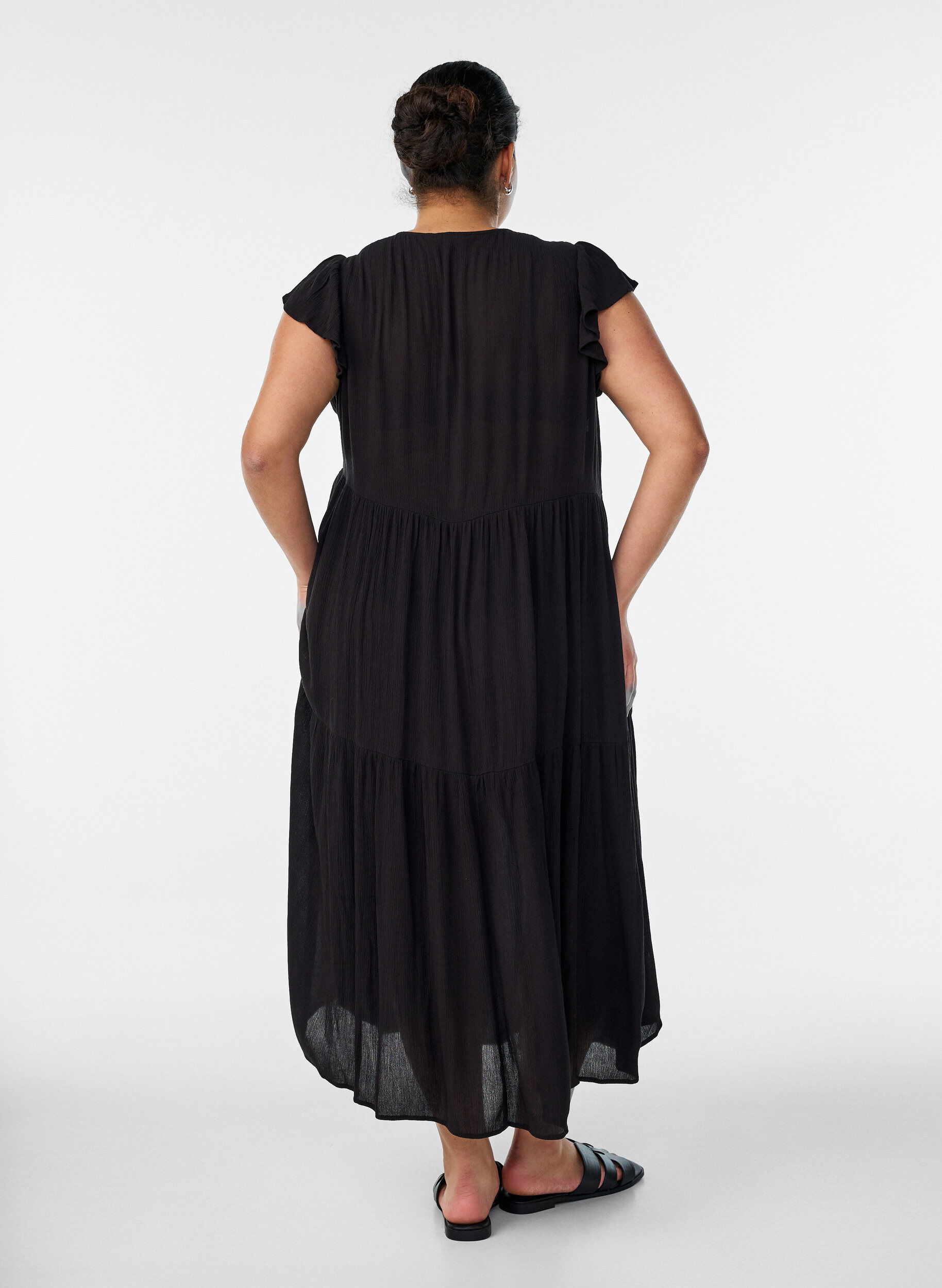 ZizziRobe midi en viscose avec manches &agrave; volants, Noir, Model image number 1