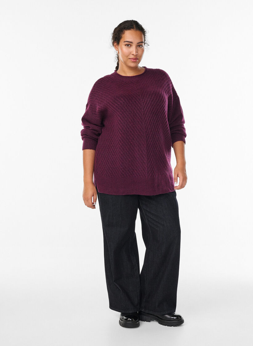 Blouse en maille avec motif c&ocirc;tel&eacute; en V et fentes, Violet, Model image number 1