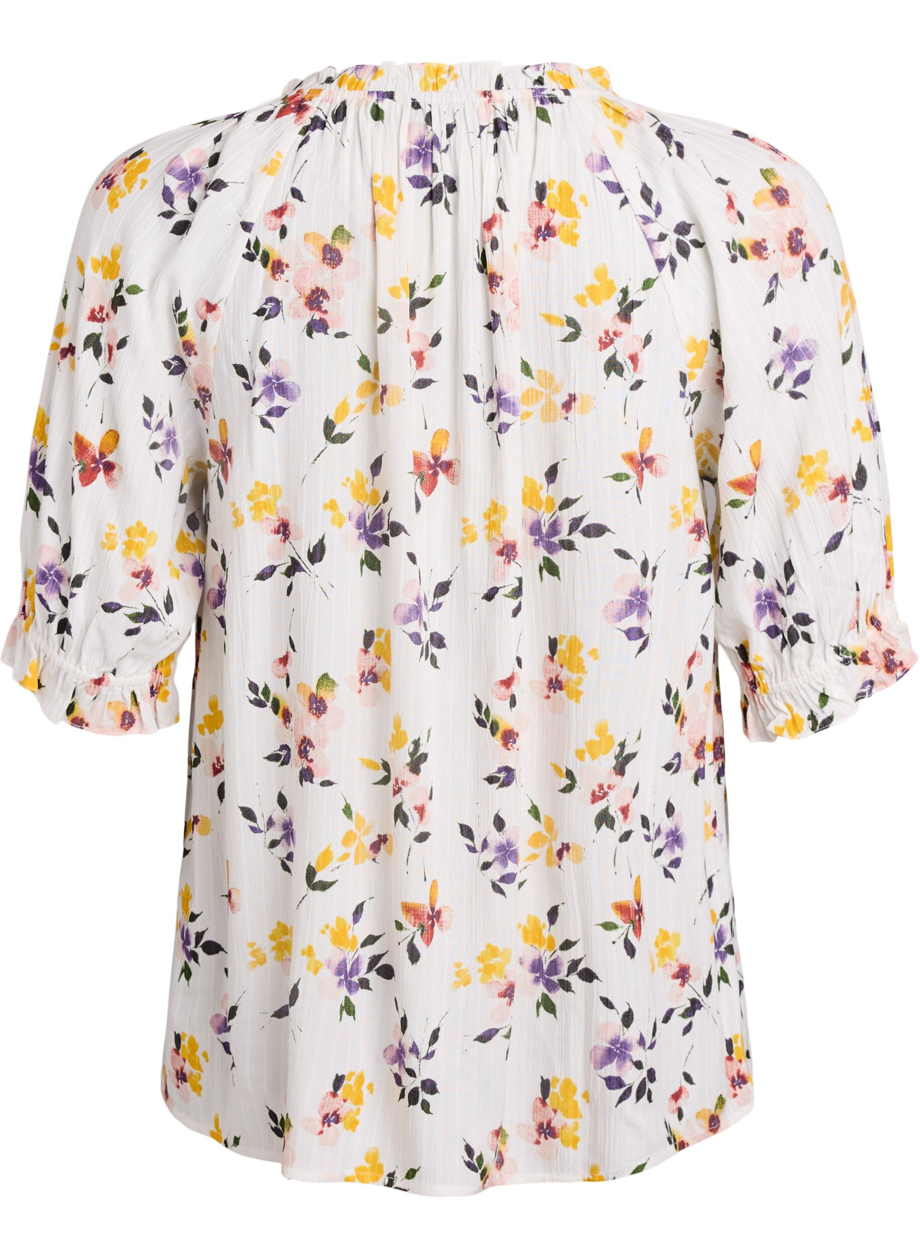 Zizzi Blouse en viscose &agrave; fleurs avec manches mi-longues, Blanc, Packshot image number 1