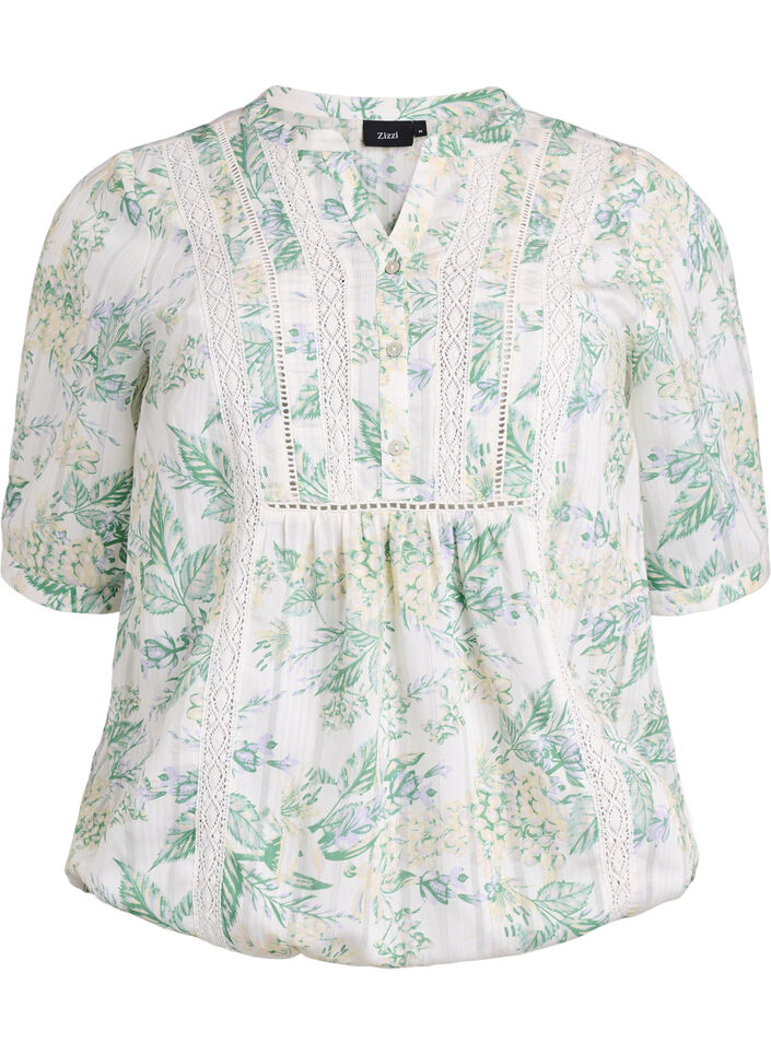 Blouse imprim&eacute;e &agrave; manches 1/2, Blanc, Packshot image number 0