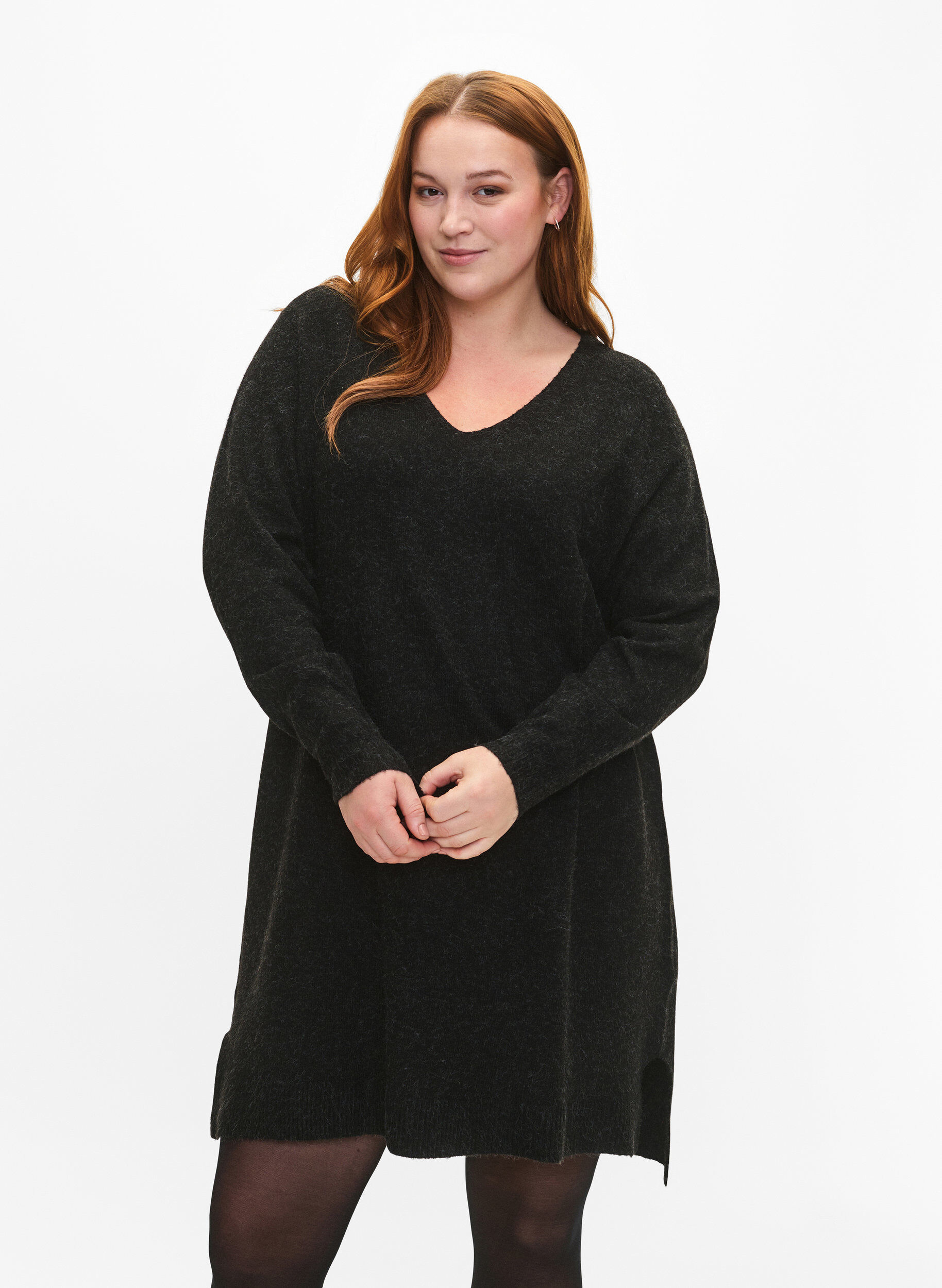 Zizzi Robe en tricot avec fente, Dark Grey Melange, Model image number 0