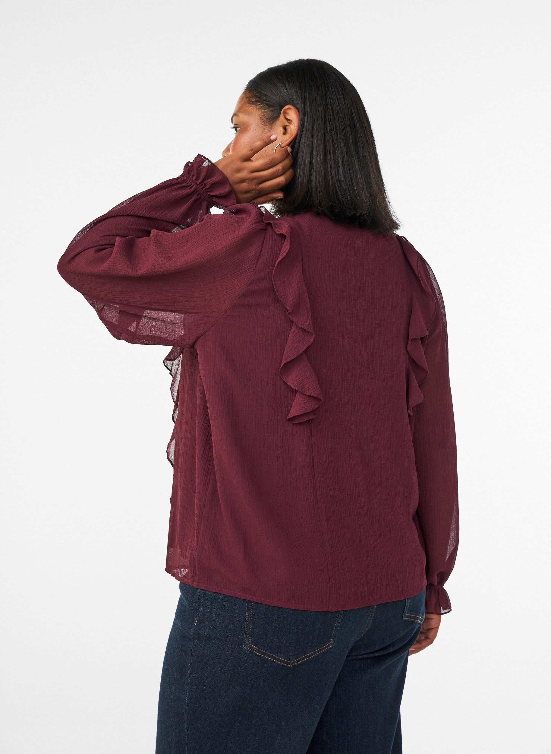 ZizziBlouse transparente avec volants et liens &agrave; nouer, Bordeaux, Model image number 2