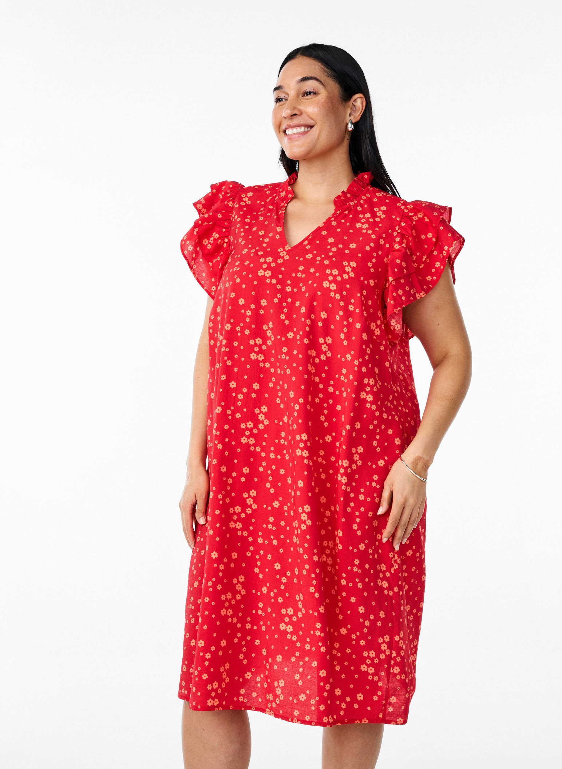 Zizzi Robe courte avec des d&eacute;tails volants, Rouge, Model image number 1