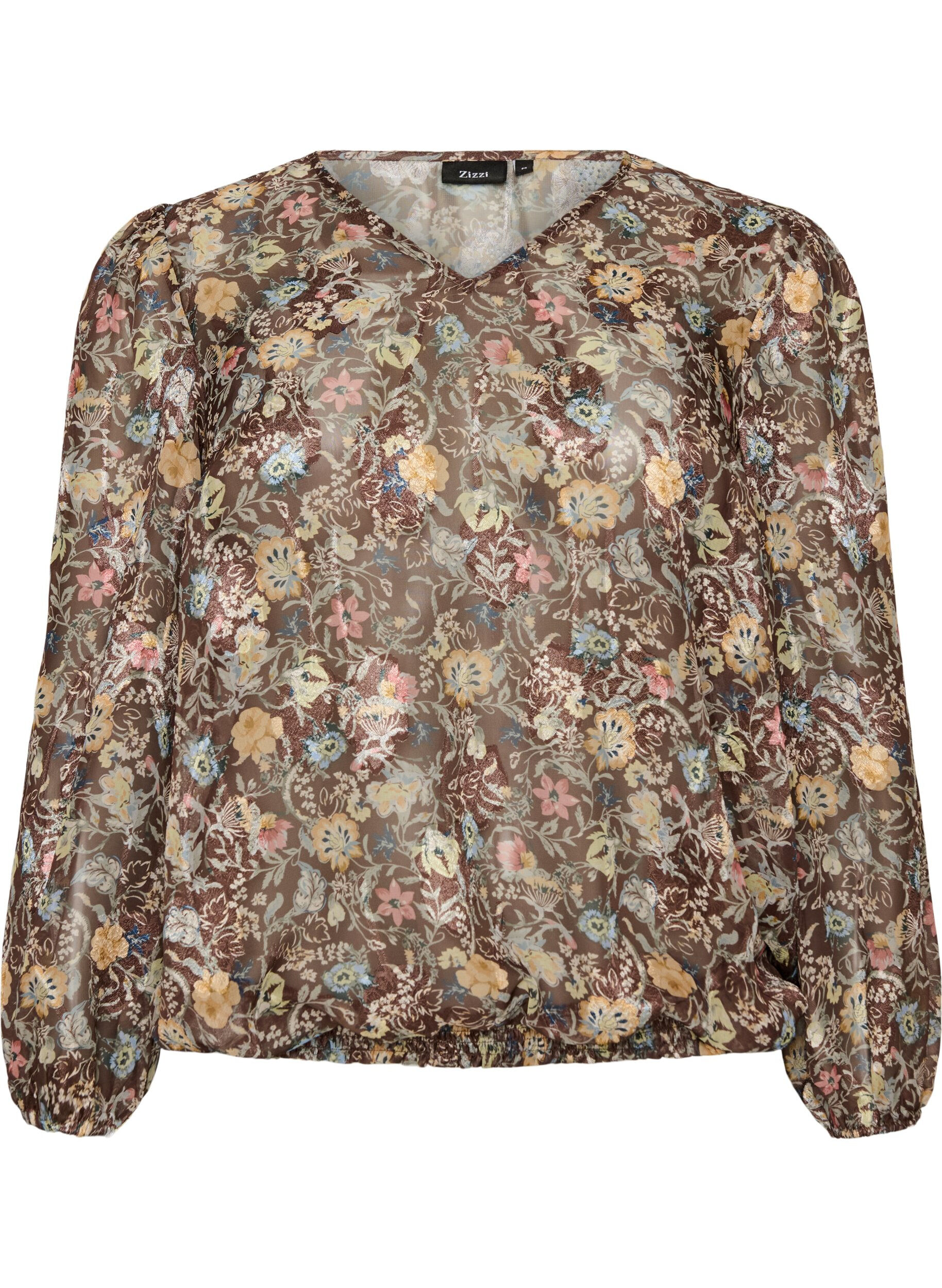 ZizziBlouse &agrave; imprim&eacute; floral et manches ballon, Marron, Packshot image number 0