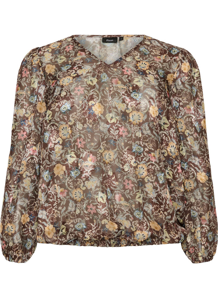 Blouse &agrave; imprim&eacute; floral et manches ballon, Marron, Packshot image number 0