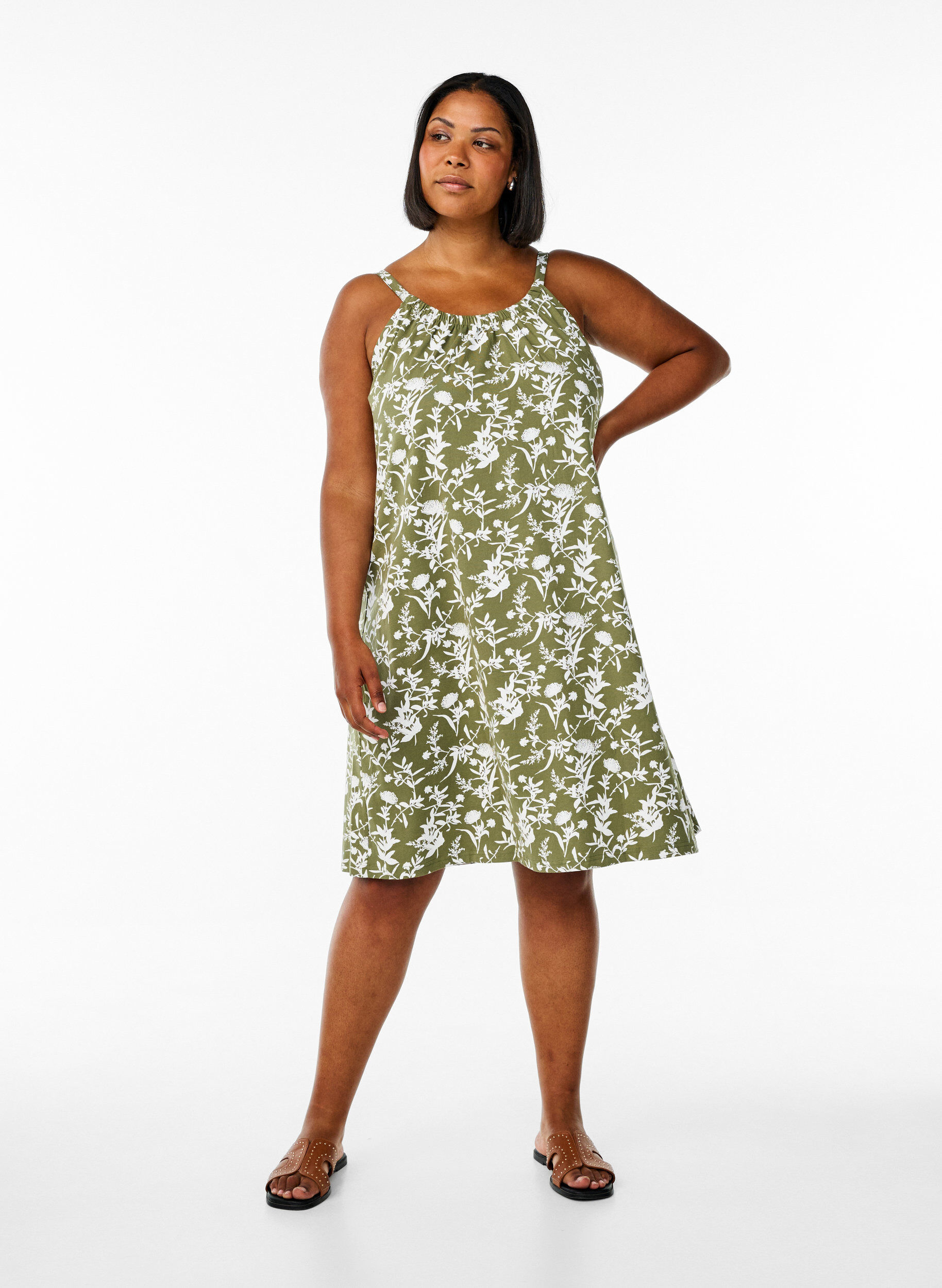 ZizziRobe &agrave; bretelles midi en coton bio, Vert, Model image number 1