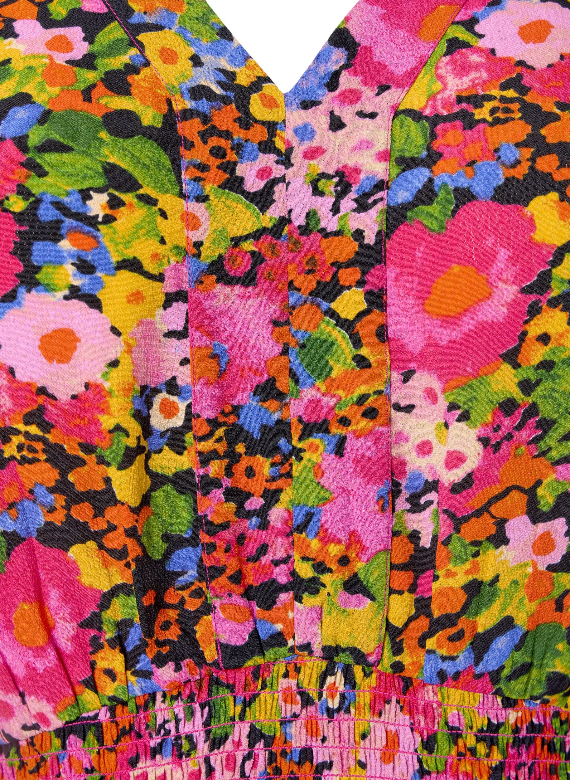 Zizzi Blouse en viscose &agrave; imprim&eacute; floral et &agrave; smocks, Neon Flower Print, Packshot image number 2
