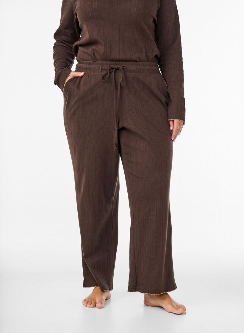 Bas de pyjama en coton biologique avec broderie ajour&eacute;e, Marron, Model image number 3