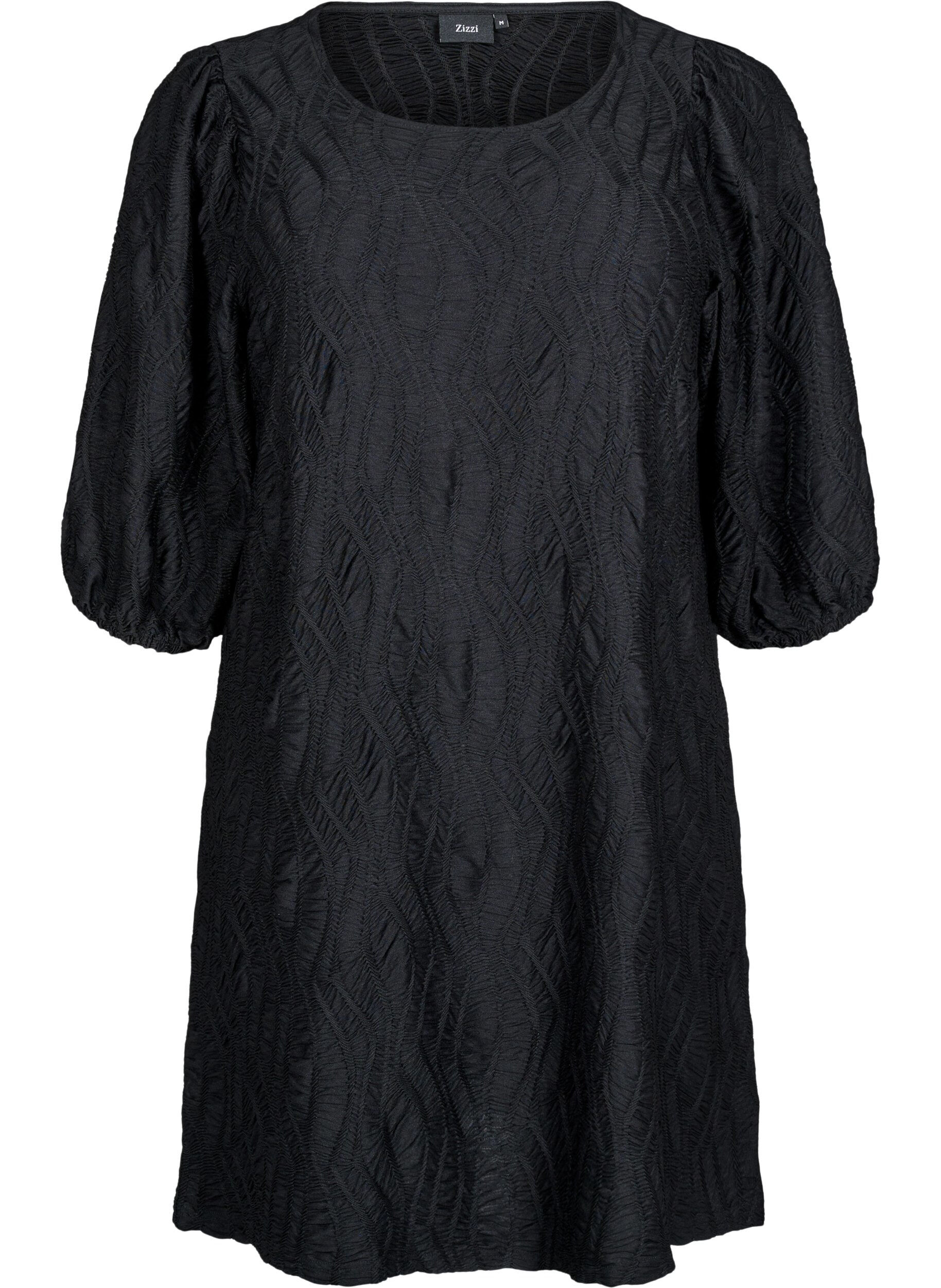 Zizzi Robe courte avec texture et manches 3/4, Noir, Packshot image number 0