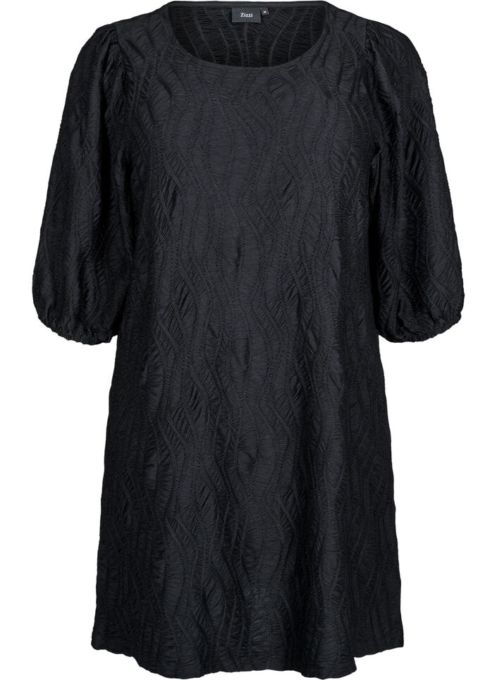 Robe courte avec texture et manches 3/4, Noir, Packshot image number 0