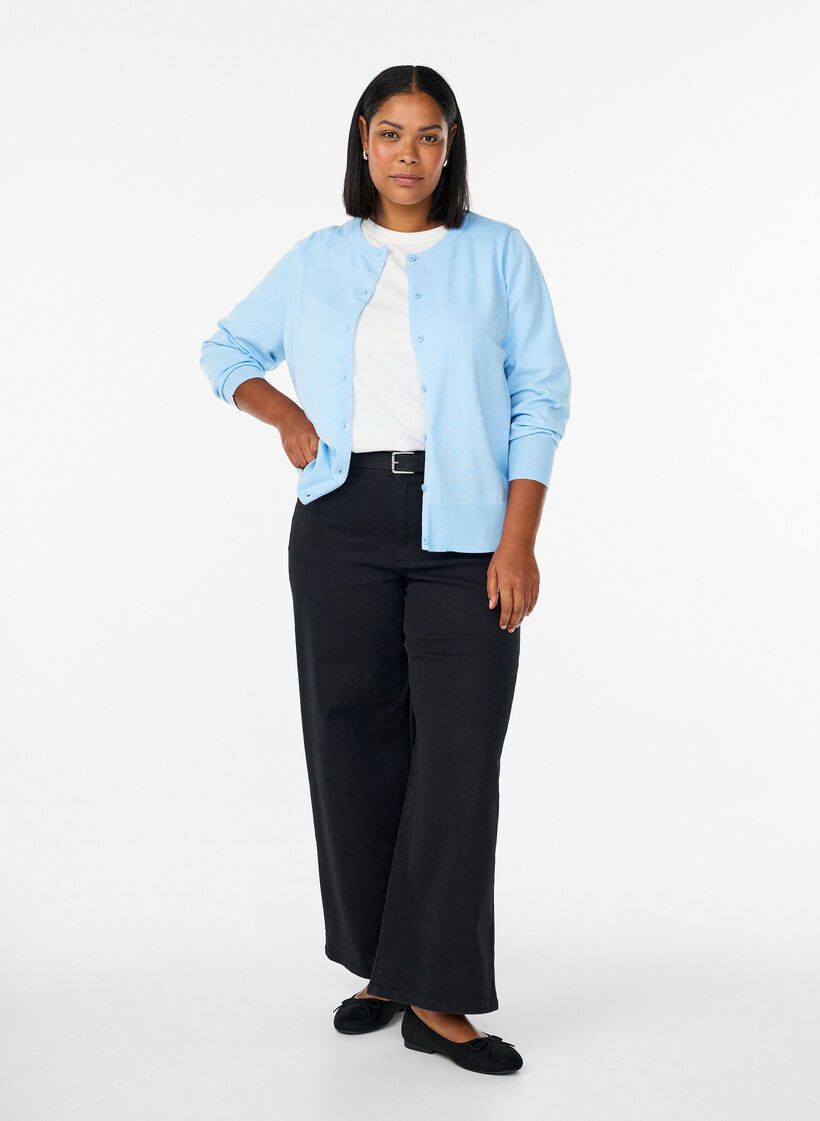 Cardigan en maille fine avec col rond, Bleu Clair, Model image number 1