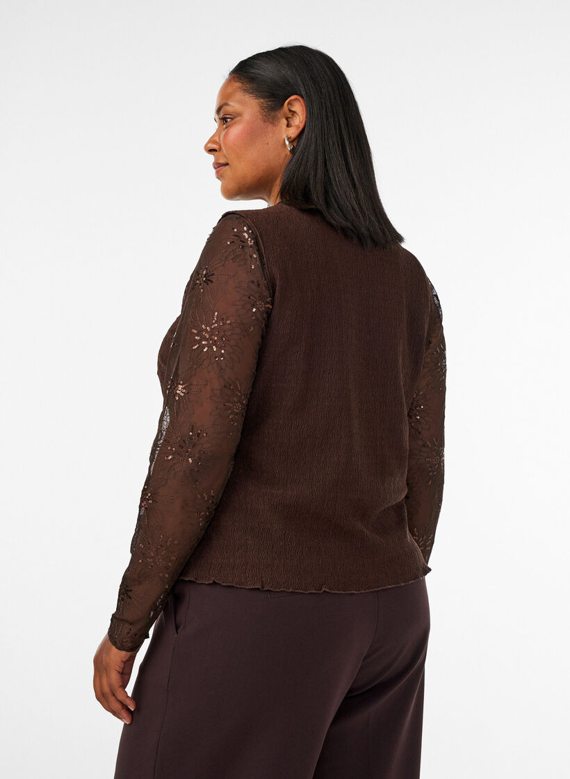 Blouse en mesh avec fleurs et sequins, Marron, Model image number 2