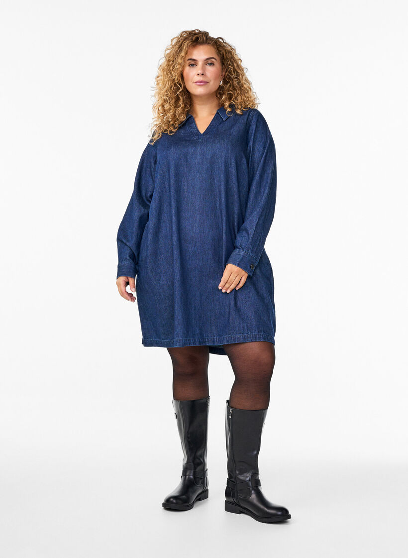 Robe courte en jean avec col et d&eacute;collet&eacute; en V, Bleu, Model image number 1