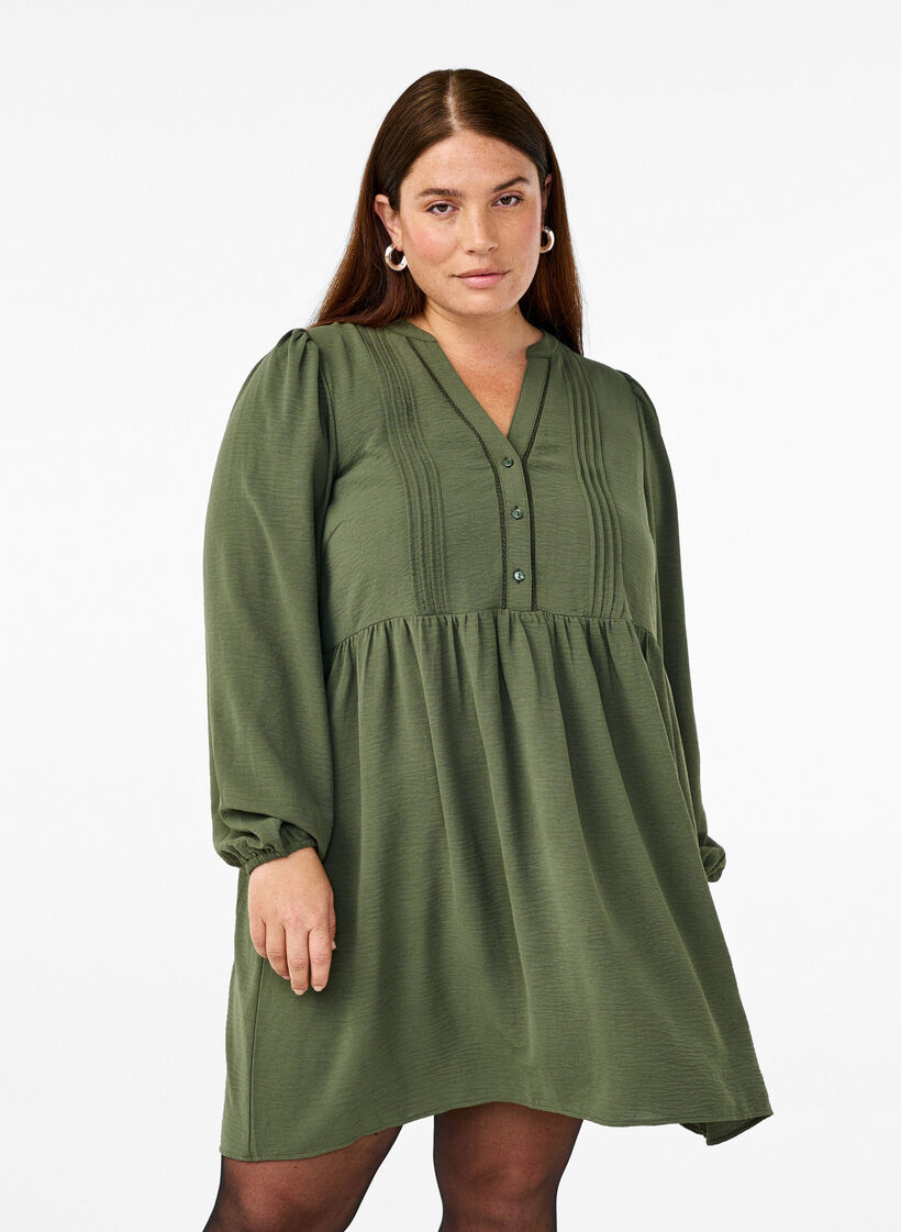 FLASH - Robe courte avec des plis et des manches longues, Vert, Model image number 0