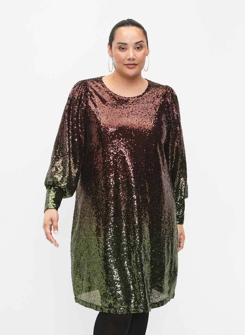 Robe à paillettes avec manches bouffantes, Scarab Ch. Coffee, Model image number 0